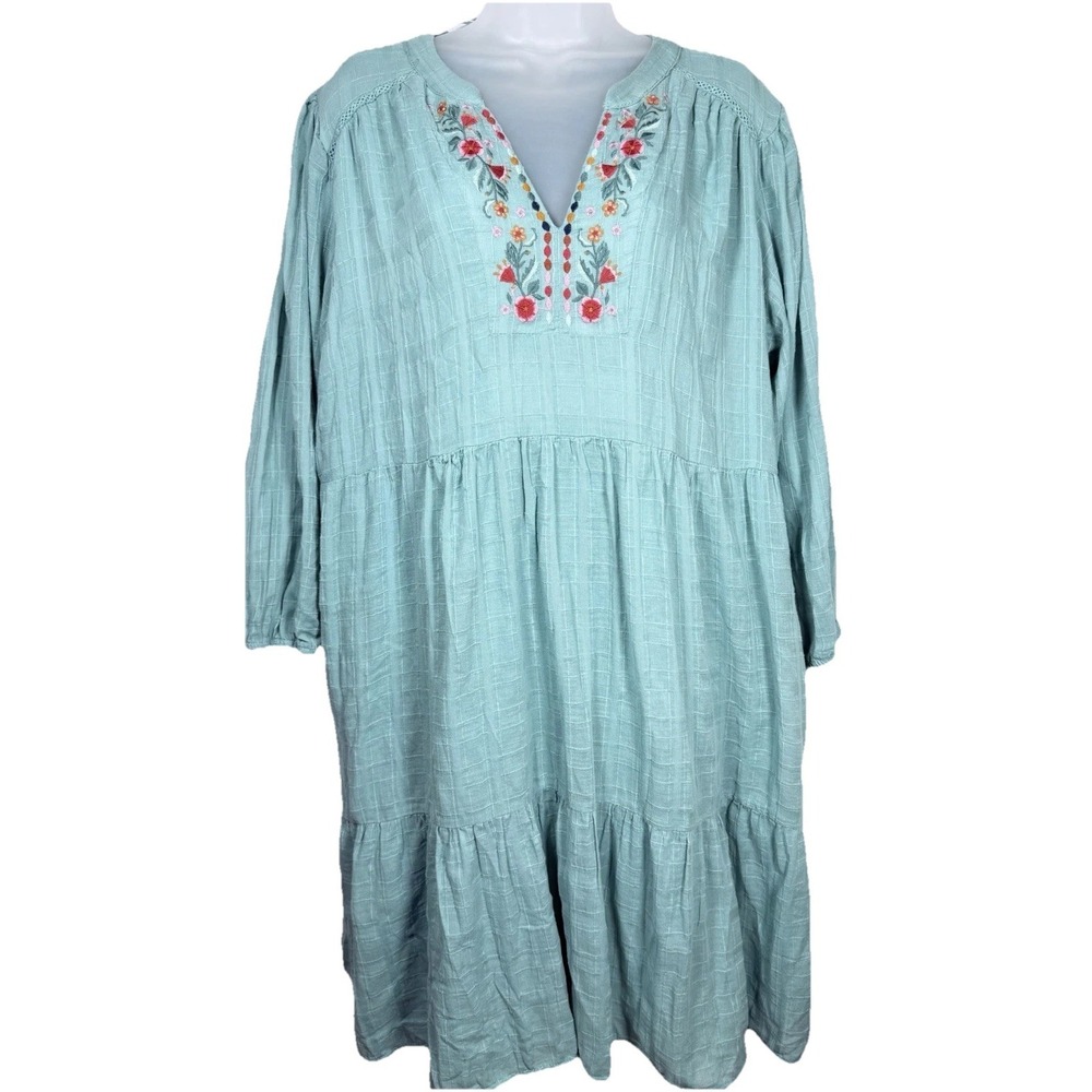 Knox Rose Boho Embroidered Tiered Dress XXL Teal Peasant Cottagecore Festival
